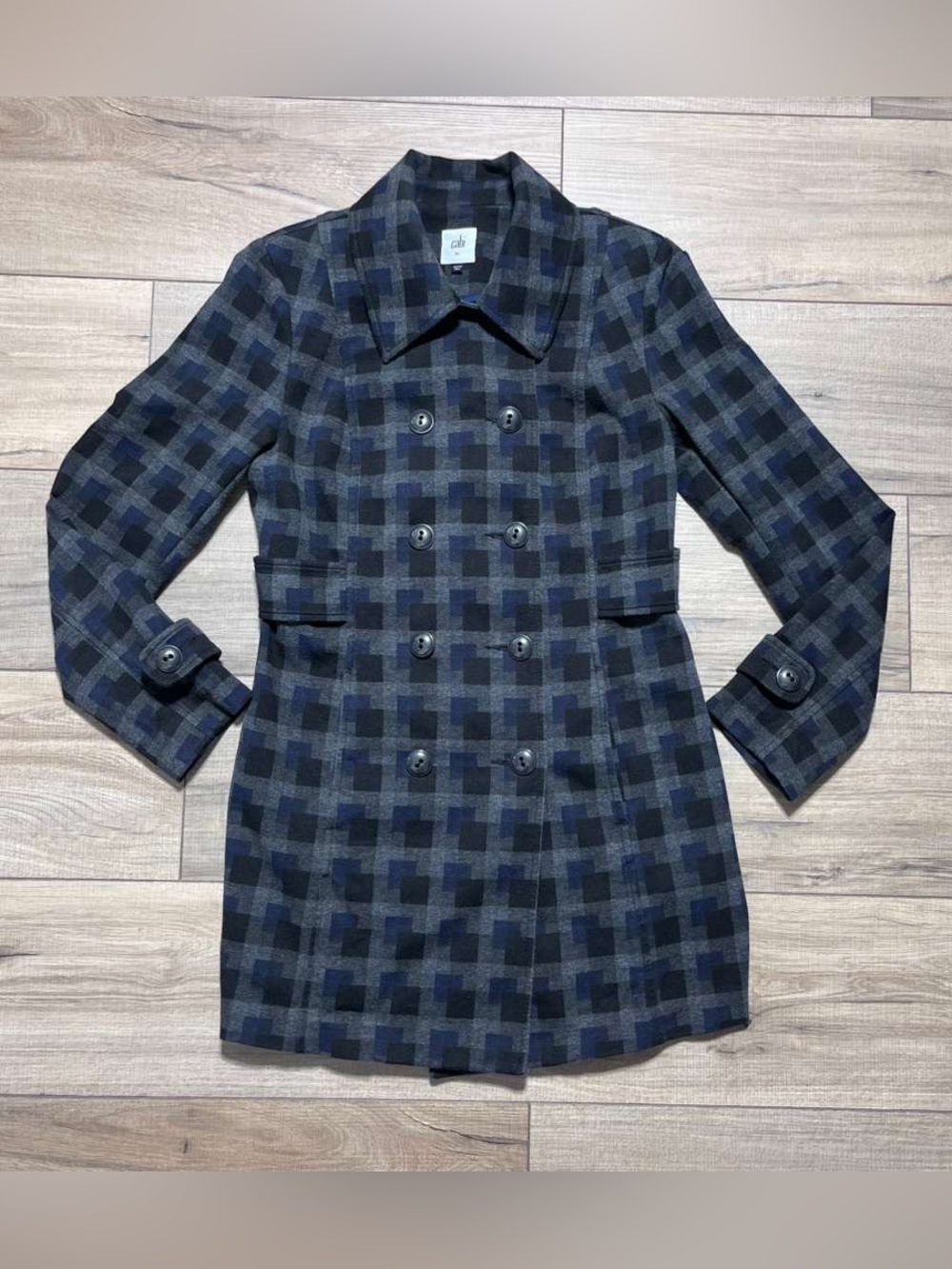 CAbi Women's Checkered Plaid Double Breasted Peacoat Size‎ XS Black Blue Gray